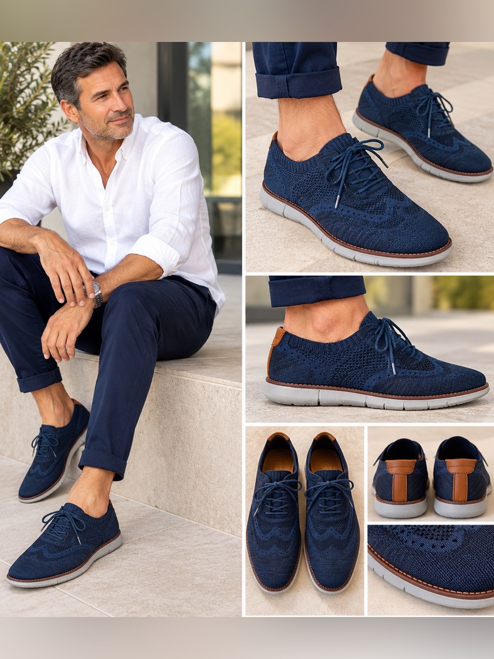 Johnston & Murphy Navy Knit Wingtip Oxford with Tan Accent